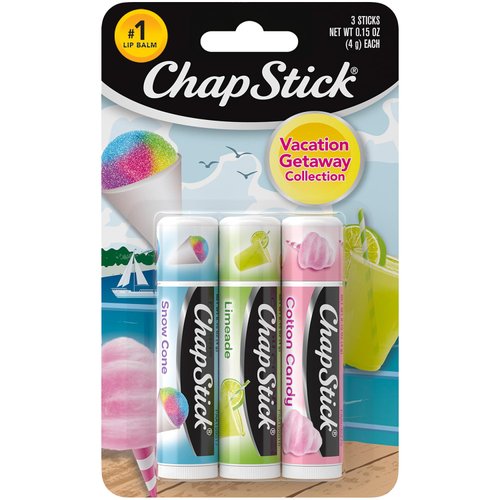 (1) Pack of 3 Count ChapStick Vacation Getaway Collection Lip Balm (Flavors Include Cotton Candy, Snow Cone and Limeade)