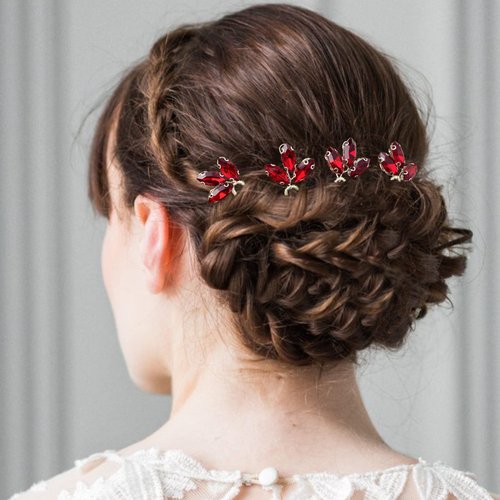 BETITETO Crystal Bridal Hair Pins Accessories 5 Pieces U-Shaped Rhinestone Headpiece for Wedding Party (Wine Red)