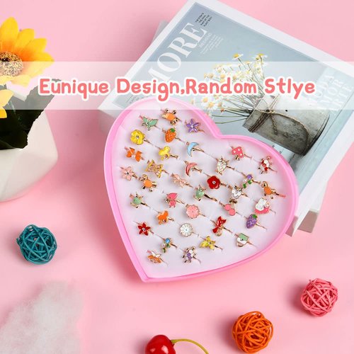OSDUE 36 PCS Little Girl Jewel Rings, Adjustable, Duplicate-Free Kids Jewelry Ring Set, Pretend Play and Dress Up Rings for Girls, Perfect Birthday/Children'S Day/New Year Gift for Girls Aged 3-12