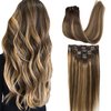 GOO GOO Clip in Hair Extensions Real Human Hair, 18inch 120g 7Pcs, 4/27/4 Balayage Chocolate Brown to Caramel Blonde, Remy Human Hair Extensions Clip ins for Women, Natural Human Hair