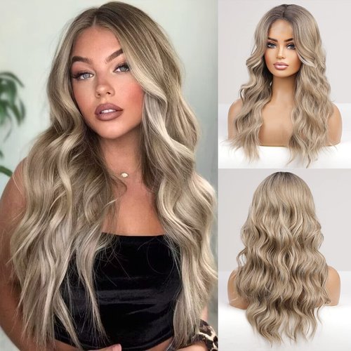 HAIRCUBE Long Ombre Ash Blonde with Highlight Lace Front Wigs for Women,Lace Wigs Natural Wavy Middle Parting Synthetic Wigs