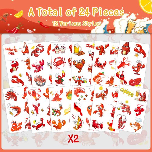Crawfish Party Favor 24Sheets(144PCS) Crawfish Temporary Tattoosfor Crawfish Boil Party Supplies Lobster Party Decorations, Summer Picnic, Baby Shower Supplies Decorations