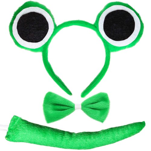 Skeleteen Frog Costume Accessories Set - Plush Green Frog Eyes Headband, Bowtie and Tail Toad Acc...