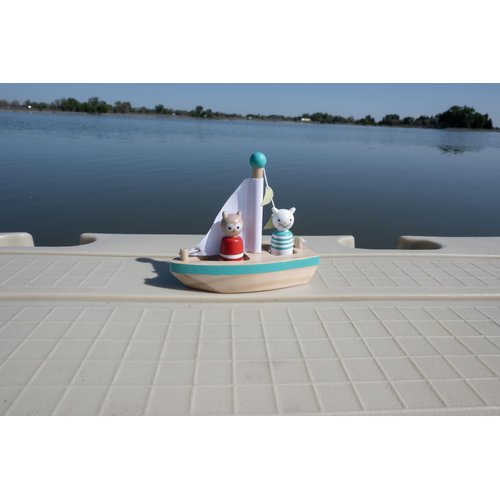 Boats and Buddies- Owl and Pussycat by Jack Rabbit Creations- 3 Piece Wooden Floating Bath Toys- Includes 2 Removable Play Figures- Water Table, Sink and Bathtub Fun for Toddlers 3+