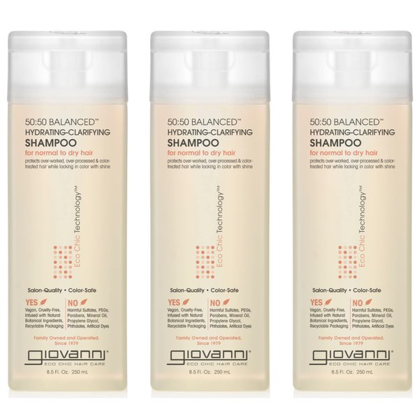 GIOVANNI ECO CHIC 50:50 Balanced Hydrating Clarifying Shampoo - Leaves Hair pH Balanced for Over-Processed Hair, Provides Moisture & Protection, Salon Quality, No Parabens - 8.5 oz (3 Pack)