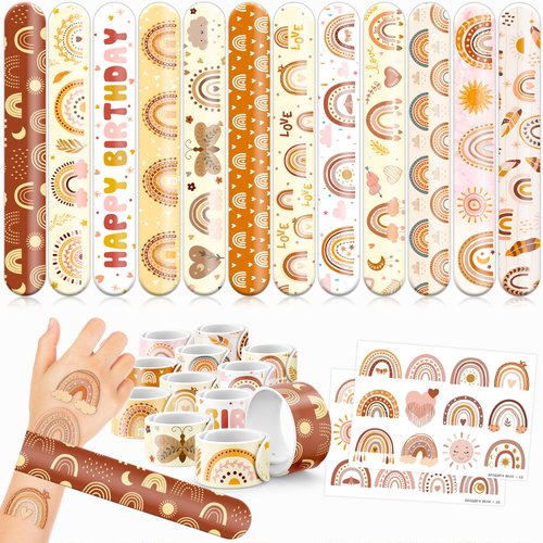 48 Boho Rainbow 24PCS Boho Rainbow Temporary Tattoos Sticker 24PCS Slap Bracelets Perfect for Themed Birthday Party Favors Baby Showers or Classroom Rewards Ideal Decor and Gifts for Girls and Boys