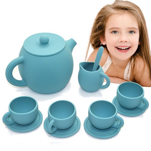 Silicone Tea Set, Silicone Tea Party Set, Pretend Play Tea Party Set for Girls, Food Grade Kids Kitchen Tea Set Accessories for Party (Blue)