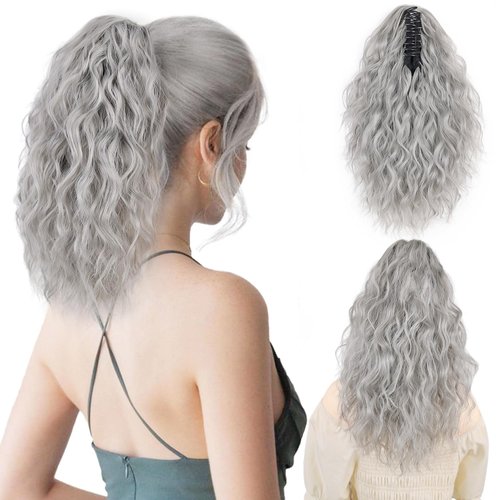 MAYSA Grey Short Ponytail Extensions, 14in Claw Clip in Ponytail Hair Extensions, Clip in Curly Ponytails Hairpiece for Women #Grey