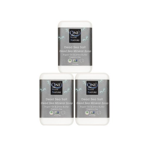 One With Nature 4 Oz 3Pk Dead Sea Salt Soap with Argan Oil & Shea Butter - Dead Sea Salt Contains Magnesium, Sulfur & 21 Essential Minerals - Ideal for All Skin Types, Acne, Eczema - Fragrance Free