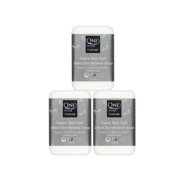 One With Nature 4 Oz 3Pk Dead Sea Salt Soap with Argan Oil & Shea Butter - Dead Sea Salt Contains Magnesium, Sulfur & 21 Essential Minerals - Ideal for All Skin Types, Acne, Eczema - Fragrance Free