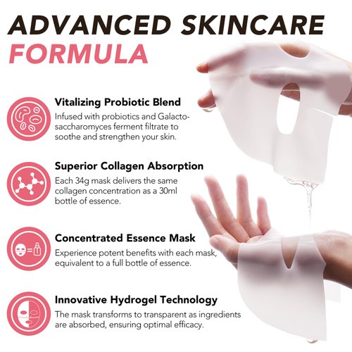 ISUNRISE Collagen Face Mask 34g x 4ea, Collagen Real Deep Mask, Hydrating Overnight Hydrogel Mask with Low Molecular Weight Collagen for Pore Minimizing, Moisturize, Firm and Enhance Skin Elasticity