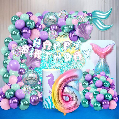Fressdai Sea-Maid Birthday Decorations Balloon Arch Kit - Pink Purple Green Foil Balloons plus Happy Birthday Banner Little Sea-Maid Party Supplies for Girl(6 years old)