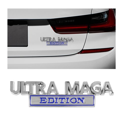 Dickno Ultra MAGA Edition Car Emblem, 3D Raised Letter Metal Fender Badge Sticker with Strong Adhesive, Auto Personality Trunk Logo Decal, Universal Car Exterior Decor Accessories (Silver & Blue)