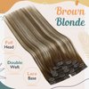 Ve Sunny Balayage Clip in Hair Extensions Real Human Hair Brown Blonde Clip in Extensions Balayage Chestnut Brown with Blonde Ombre Clip in Hair Extensions Human Hair 80g 5pcs 12Inch