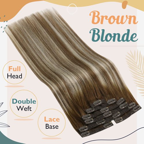Ve Sunny Balayage Clip in Hair Extensions Real Human Hair Brown Blonde Clip in Extensions Balayage Chestnut Brown with Blonde Ombre Clip in Hair Extensions Human Hair 80g 5pcs 12Inch