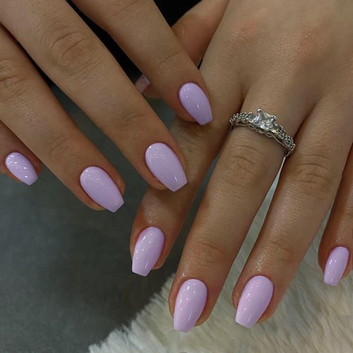 KXAMELIE Light Purple Square Press on Nails Short Medium Coffin,T-shape Gel Fake Nails for Women Girls,Neutral False Glue on Nails Medium Length,Reusable Acrylic Nails Press ons in 24PCS