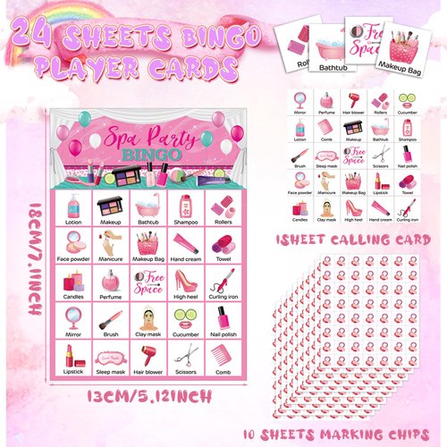 Liliful 35 Pcs Spa Party Bingo Game 24 Players Girls Makeup Party Bingo Cards Beauty Themed Party Games for Girls Women Sleepover Spa Day Birthday Party Favors Family Classroom Activities Supplies