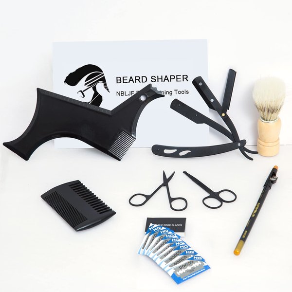 NBLJF Beard Straightener for Men Include Beard Template Guide, Professional Straight Edge Razor, 10 Count of Double Edge Blade, Barber Pencil, Beard Comb, 2 Stainless Steel Scissors, Shaving Brush