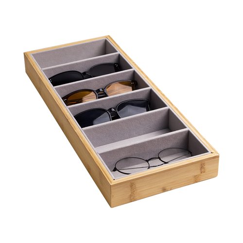 Lunavita Sunglasses Organizer Storage Tray, 6 Grids Eyeglass Case, Glasses Eyewear Display Tray Case Stand Holder, Jewelry Tray for Men Women (Bamboo, Velvet)