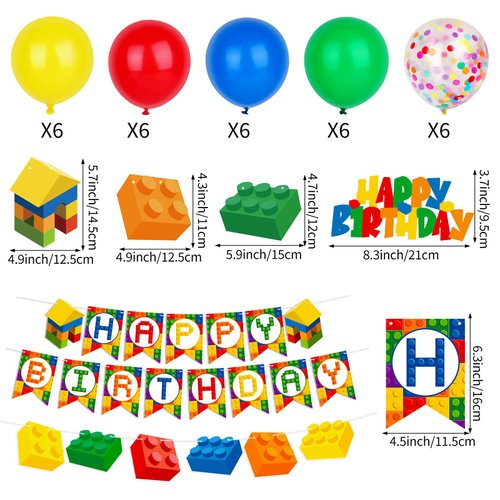 Building Blocks Themed Birthday Party Decorations Pack - Include Building Block Happy Birthday Banner Colorful Cake Topper and Balloons for Boys Girls Summer Colorful Themed Party Supplies