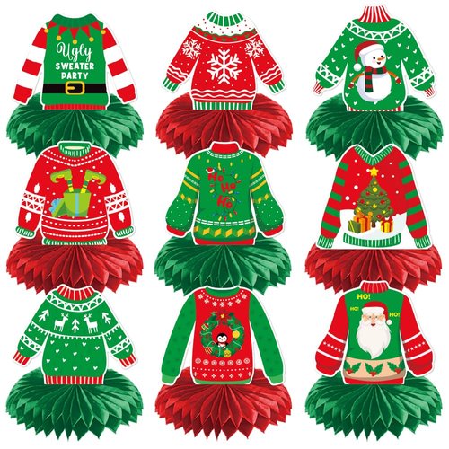Christmas Honeycomb Centerpieces, Christmas Sweater Table Centerpieces, Ugly Christmas Sweater Party Decorations, Winter Holiday Party Supplies, Christmas Party Decorations, 9Pcs