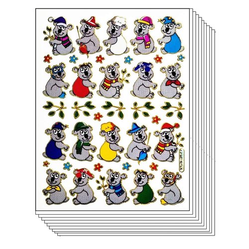 Stickers Glitter Pack 10 Sheets Cute Koala Bear Cartoon Paper Sticker for Children Kids Stickers Supplies School Scrapbooking Diary Card Birthday (04)