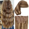 Eufficco Human Hair Lace Clip In Hair Extensions Thick Ends Highlights Piano Color Chocolate Brown/Strawberry Blonde 14inch 100g Remy Hair Extensions Silky Soft Lace Backed Clip On Hair Extensions