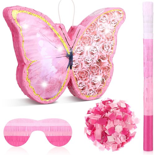 Zhanmai Small Butterfly Sunflower Piñata Bundle Girl Piñata Set Include 15.4 x 11.3 x 2 Inch Pink Butterfly Piñata Bat Stick and Blindfold Mask for Girls Birthday Party Supplies Decor(Butterfly)