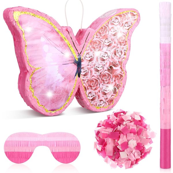 Zhanmai Small Butterfly Sunflower Piñata Bundle Girl Piñata Set Include 15.4 x 11.3 x 2 Inch Pink Butterfly Piñata Bat Stick and Blindfold Mask for Girls Birthday Party Supplies Decor(Butterfly)