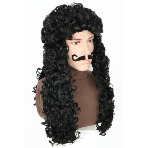 Lucoacos Pirate Captain Wig Black Long Curly Pirate Wig and Moustache Halloween Cosplay Costume Wig