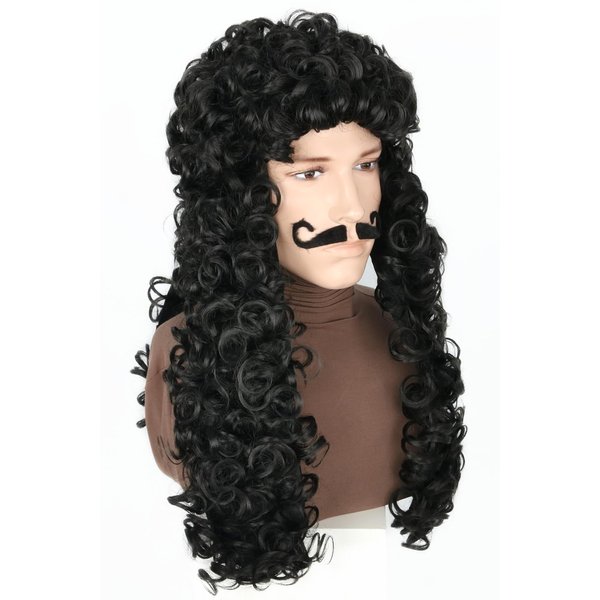 Lucoacos Pirate Captain Wig Black Long Curly Pirate Wig and Moustache Halloween Cosplay Costume Wig