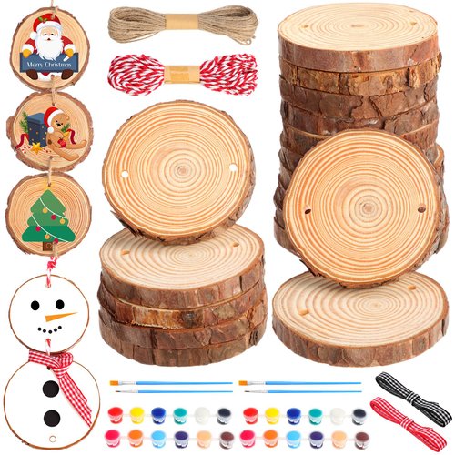 Gerrii 24 Pcs Unfinished Wood Slices with 2 Holes DIY Christmas Snowman Craft Supplies Wood Ornament Making Supplies Craft Kit for Christmas Tree HolidayTwine Scarf Snowman(2.4-2.8 Inches)