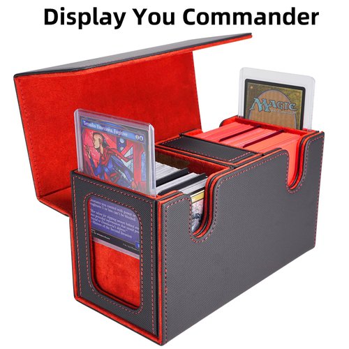 AFIING Mtg deck box with commander display- Fits 200 Double Sleeved Cards,3-in-1Card Deck Case,Strong Magnet Card Organizer For Magic Commander TCG CCG,4Dividers &2 Toploaders, Black/Red