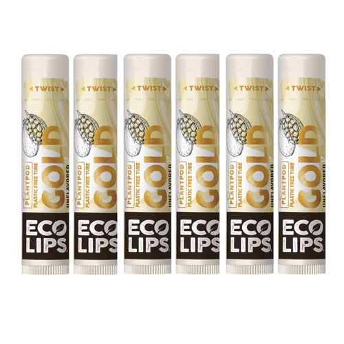 Eco Lips GOLD 100% Organic Lip Balm with Baobab - Soothe and Moisturize Dry, Cracked and Chapped Lips - 100% Plastic-Free Plant Pod Packaging (6 Tubes)