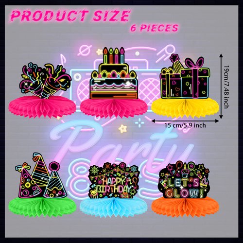 Chinco 6 Pcs Glow Party Birthday Centerpieces Neon Birthday Decorations Honeycomb Birthday Centerpieces Neon Centerpieces for Tables Neon Birthday Party Supplies(Classic)