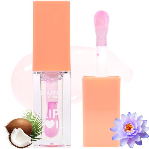 Bowitzki Color Changing Hydrating Lip Oil Lip Gloss Glow Transparent Toot Tinted Nourishing Long Lasting Lip Balm Blue Lotus Extract Repairing Lightening Lip Lines (Coconut)