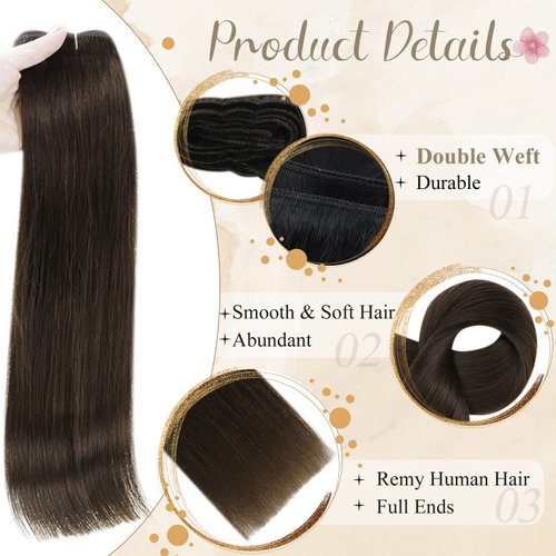 Full Shine Weft Hair Extensions Real Human Hair 22 Inch 105 Grams Color Dark Brown Brazilian Remy Hair Extensions for Volume Silky Straight Hair Extensions for Women Human Hair Bundles