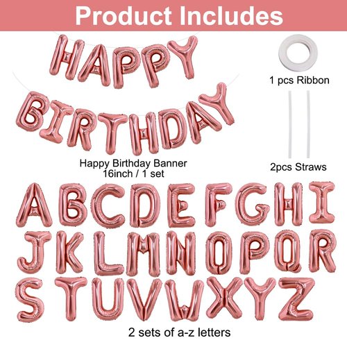TONIFUL 65 Pcs 16 Inch Rose Gold Happy Birthday Balloons and 2 Sets A-Z Foil Letters Balloons DIY Personalized Phrase Banner for Birthday Celebration Halloween Thanksgiving Christmas Party Decor