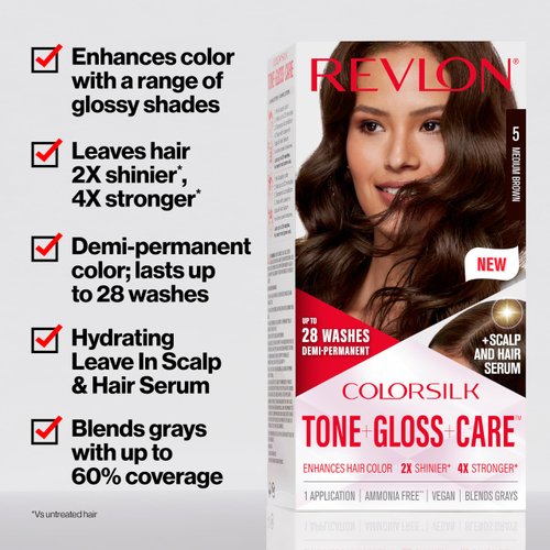 Revlon ColorSilk Tone + Gloss + Care Demi Permanent Hair Color, Hair Dye with Leave in Scalp and Hair Serum, 2x Shinier, 4x Stronger, 3 Brown Black, 4.5 fl. oz