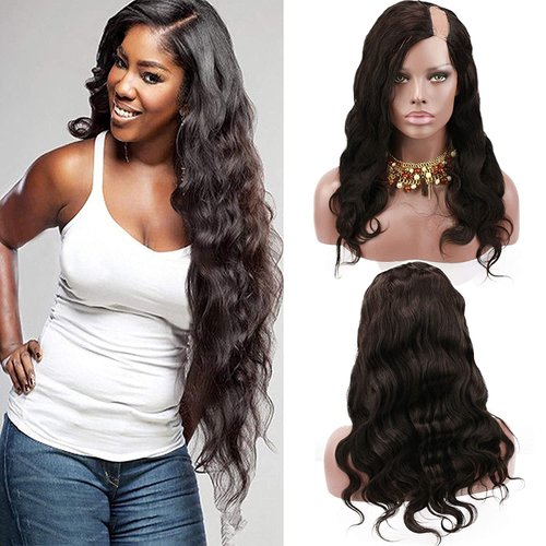 Voloria Left U Part Human Hair Wigs Natural Black Color Body Wavy Style Lace Front Wig with Baby Hair 130% Density 12inch