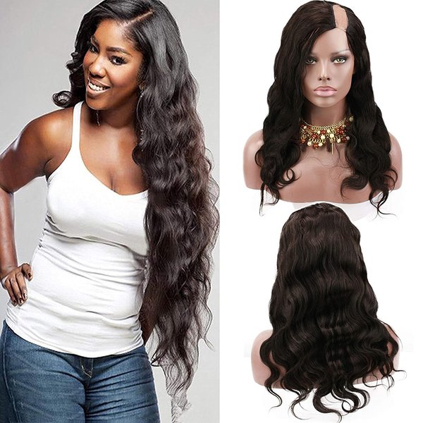 Voloria Left U Part Human Hair Wigs Natural Black Color Body Wavy Style Lace Front Wig with Baby Hair 130% Density 12inch
