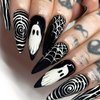 Ghost Face Press on Nails Gel Glue on Nails 24Pcs Glossy White Spider Web Acrylic Long Stiletto Halloween False Nails Whirlpool Full Cover Fake Nails Stick on Nails for Women Girls with Halloween