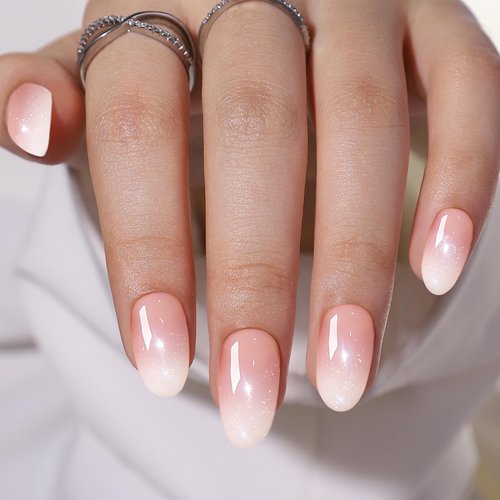 Almond Press on Nails, Almond Shaped Press On Nails, Nail Press ons Short Fake Nails Pink Ombre False Nails with Glitter Glue On Nails Short Design Artificial Nails Stick on Nails for Women 24Pcs