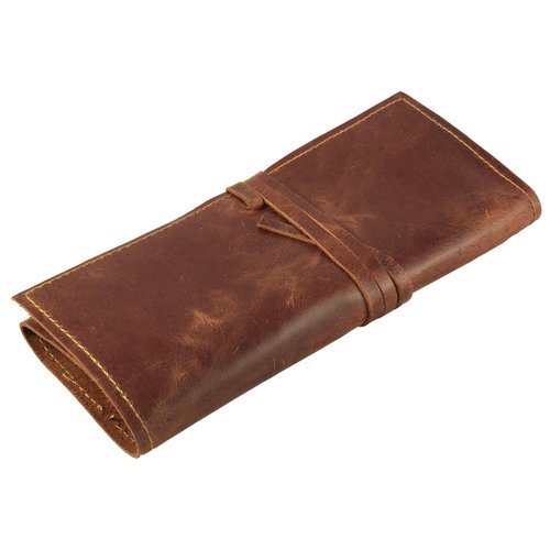 Rustic Genuine Leather Pencil Roll - Pen and Pencil Case - Dark Brown