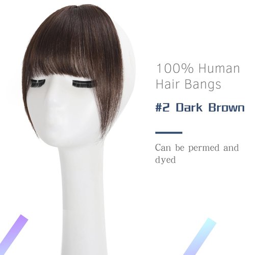 REDMENCO Bangs Clip in Hair Extensions, 100% Real Virgin Human Hair Dark Brown Color No 2, Wispy Air Curved with Temples for Women Daily Wear