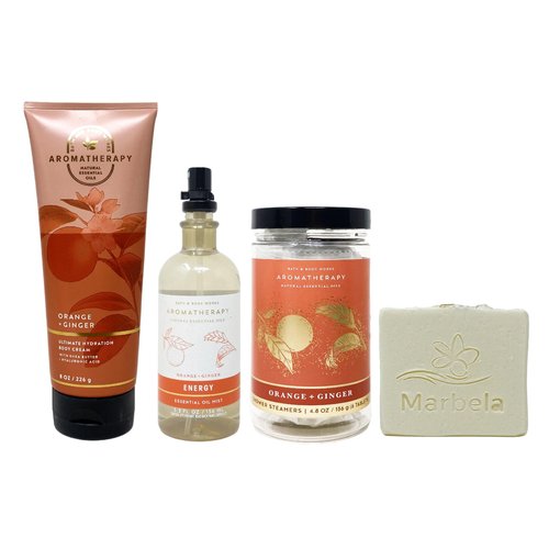 Bath & Body Works Aromatherapy Orange + Ginger Trio Gift Set Bundle - Body Cream - Essential Oil Mist and Shower Steamers - with a Natural Oats Bar Soap - Full Size