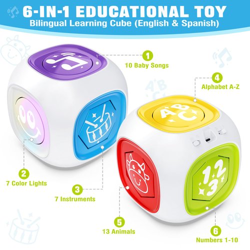 Bilingual Learning Activity Cube Toys for 1 Year Old Boy Girl, 12-18 Month Early Developmental Baby Musical Toys with Music & Light, Toddler Toys Age 1-2, Christmas Birthday Gifts for 1+ Year Old