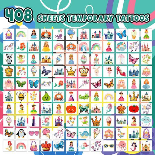 EMOME 408 Sheets Individually Wrapped Tattoos for Kids, Kids Tattoos Temporary Sticker Waterproof, Mixed Styles Fake Tattoos for kids Girls Party Favors Supplies Activities Games