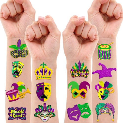 96 PCS Mardi Gras Fat Tuesday Temporary Tattoos Birthday Theme Party Supplies Decorations Favors Decor Cute Mask Crown Tattoo Stickers for Class School Prizes Gift for Kids Boys Girls Carnival Holiday