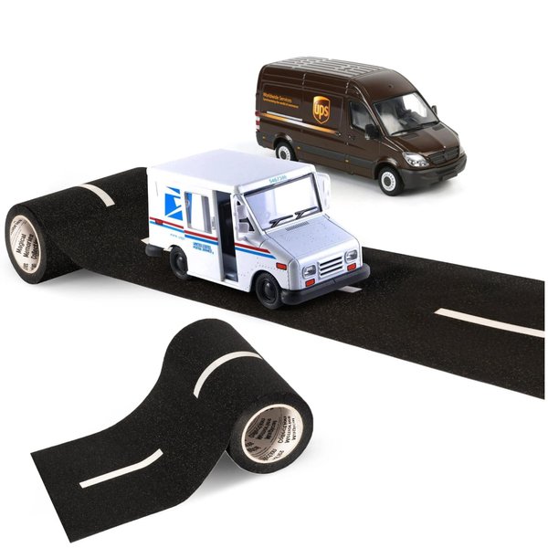 Road Tape Diecast Toy Trucks Set- Reusable, Realistic Road Tape, UPS Sprinter Van, and United States Postal Mail Truck- Pullback Truck Toys with Detailed Interior, Moveable Openable Door